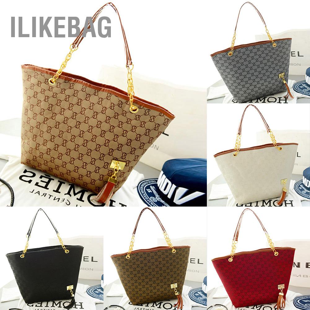 Có thể bán buôn Phụ nữ bình thường Túi xách PU in Sling Shoulder tote mua sắm có tua Ilikebag Hàng giao ngay