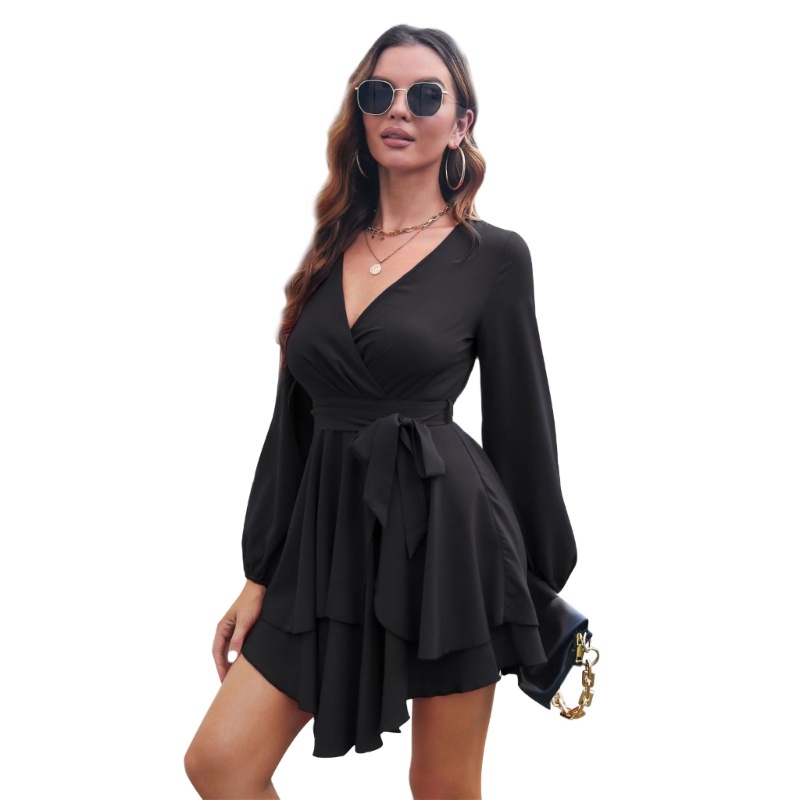 Đầm Dài Tay Cổ Chữ V Khoét Sâu Phối Bèo Phong Cách Quyến Rũ