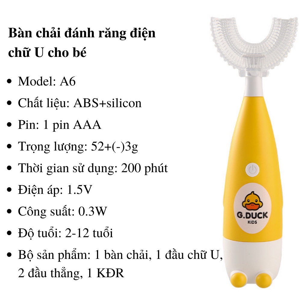 Bàn chải đánh răng điện chữ U trẻ em (2-12 tuổi)  CTFAST A6, họa tiết vịt vàng dễ thương giúp bé vệ sinh răng miệng