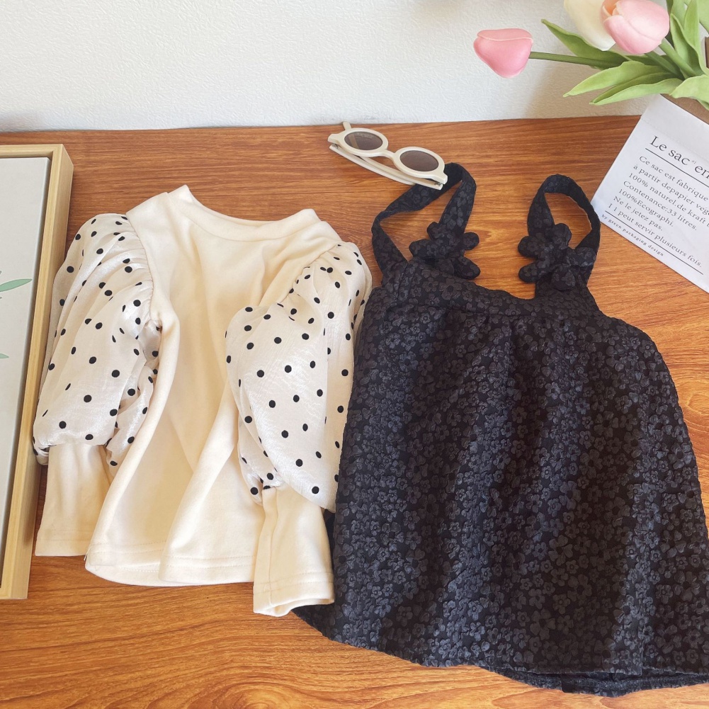 Set Áo Tay Phồng Chấm Bi Phối Váy Yếm Thời Trang Mùa Thu Dễ Thương Cho Bé Gái