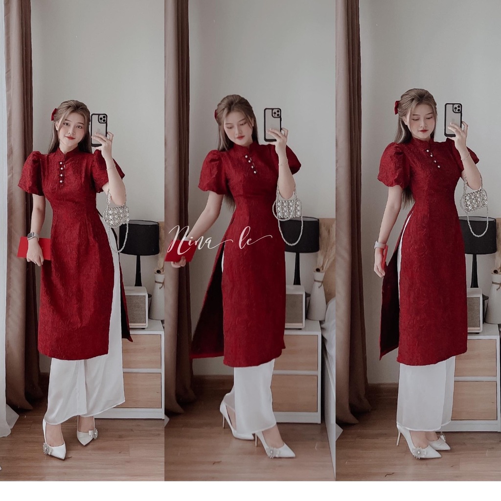 BÁN SỈ SET ÁO DÀI GẤM ĐỎ QUẦN SUÔNG ĐÍNH CÚC NGỌC