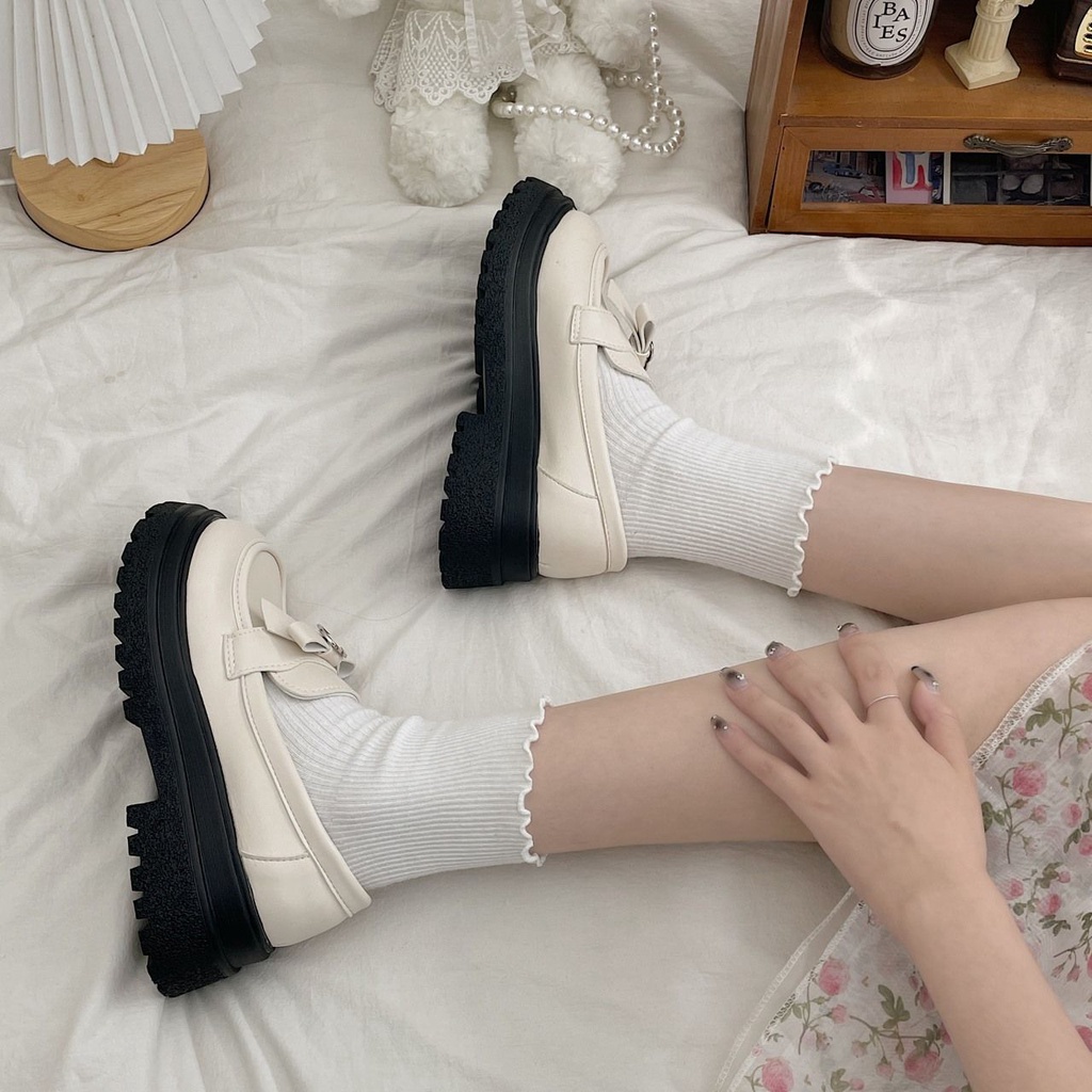 Giày Lười Da Đế Dày Đính Nơ Phong Cách Nhật Bản