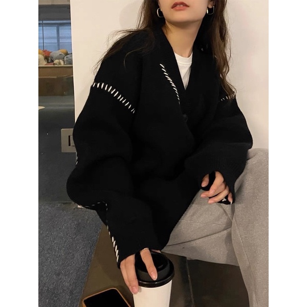 Áo Len dáng dài quảng châu, áo khoác cardigan nữ móc chỉ 2 bên tay màu đen trắng
