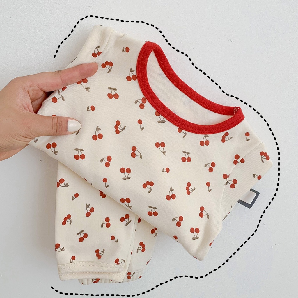 Bộ thu đông bé gái chất nỉ mềm mịn cao cấp, Đồ bộ bé gái tay dài hình quả cherry dễ thương