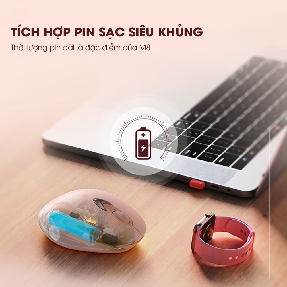 Chuột máy tính không dây SIDOTECH M8 cute màu hồng tự sạc pin dòng silent click chống ồn cho máy tính laptop masbook