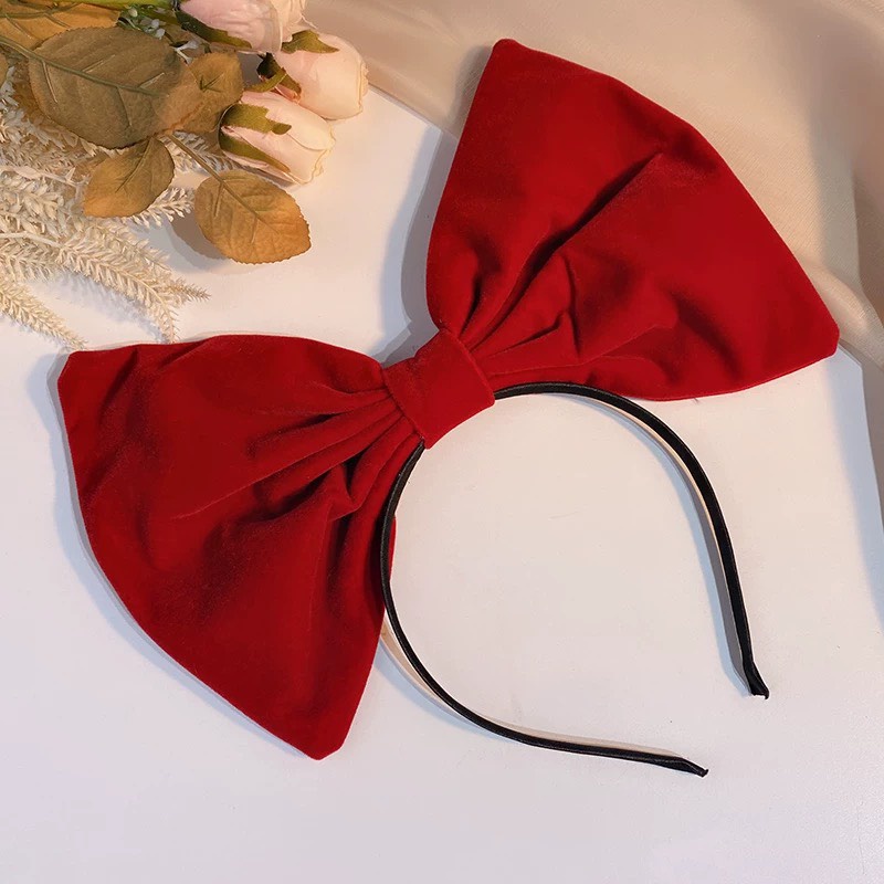 Bờm tóc nơ nhung, băng đô cho bé gái phom nơ siêu to màu đen và đỏ - L002