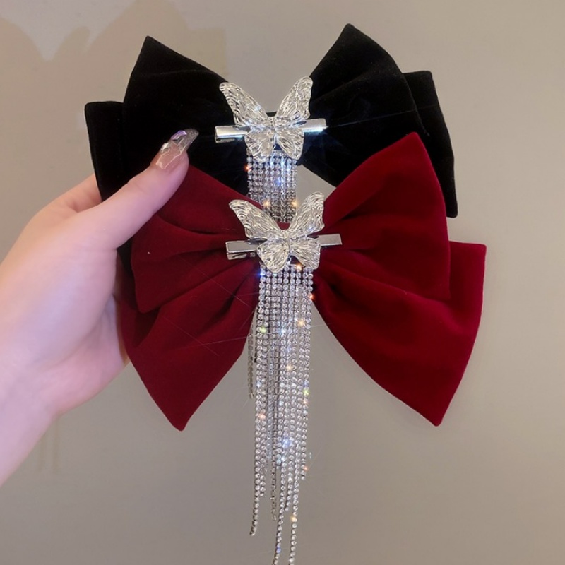 Kẹp Tóc Hình Nơ Màu Đỏ Rượu Vang Đính Kim Cương Giả Thời Trang Cho Nữ