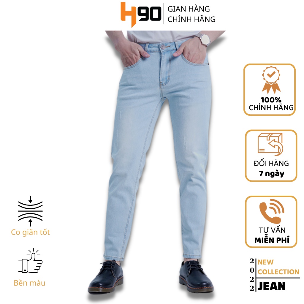 Quần Jean Nam H90, Ống Côn Dáng Slimfit, Chất Bò Co Giãn, Vải Mềm Mịn, Bền Màu HTRJ007