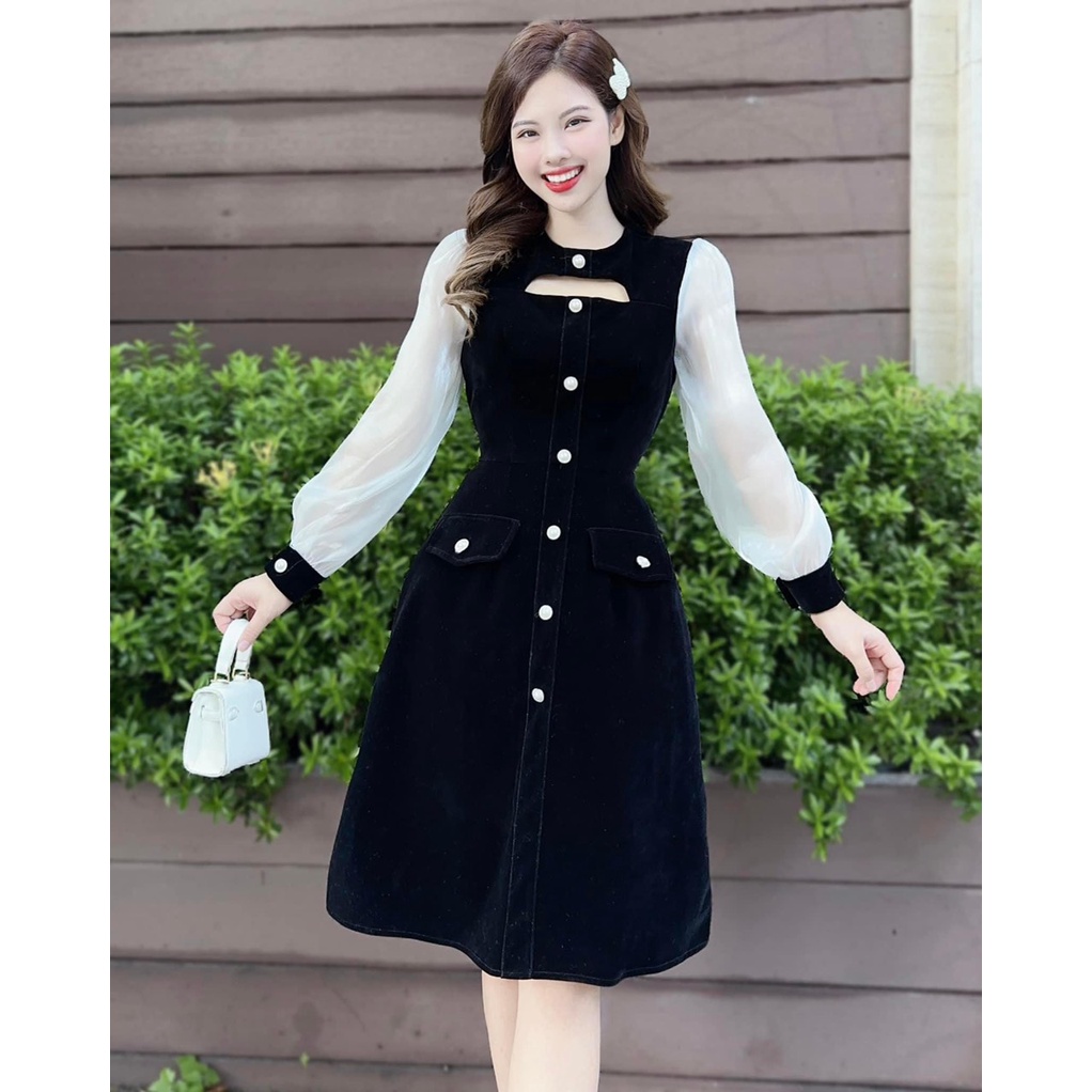 [11.11 Sale Freeship] Đầm thiết kế thời trang nữ đi tiệc,đầm đen tay phối trắng dài cổ tròn khoét ngực xiêu xinh mtb