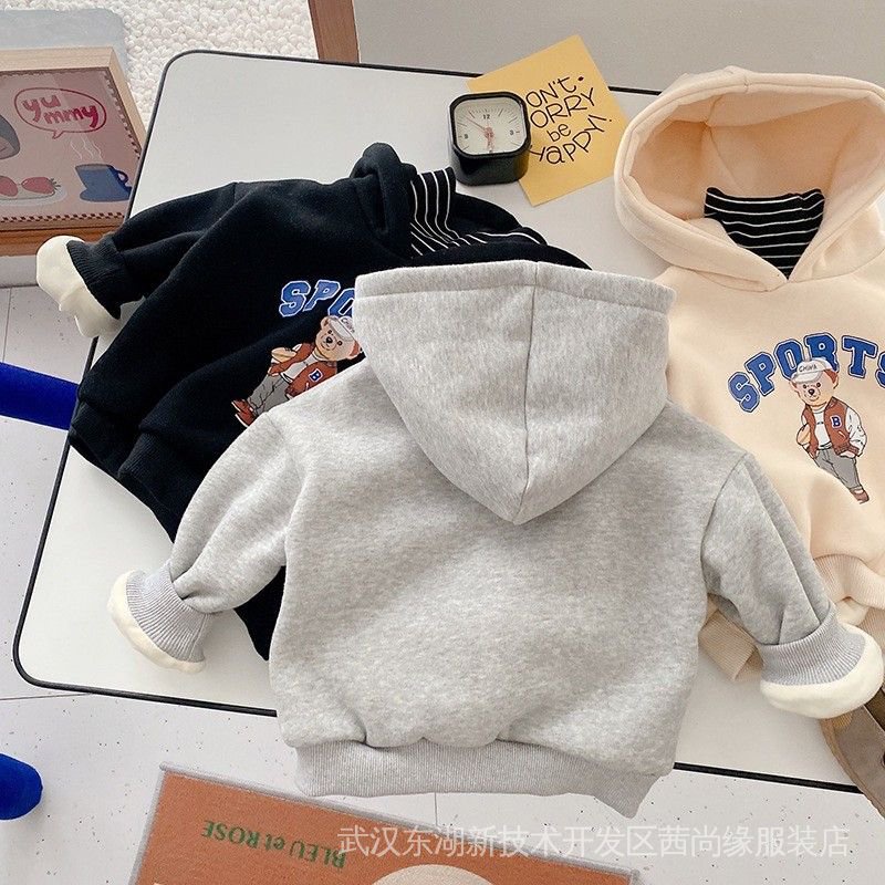 Áo Hoodie Giả Hai Lớp Lót Lông Cừu Phong Cách Hàn Quốc Thời Trang Mùa Đông Cho Bé Trai Và Gái Pu