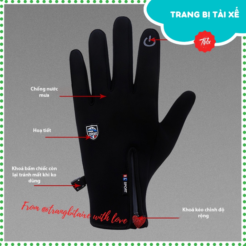 Găng tay giữ ấm mùa đông nam nữ đi xe máy có thể cảm ứng điện thoại chống nước họa tiết nút nguồn sang trọng- GTNGUON