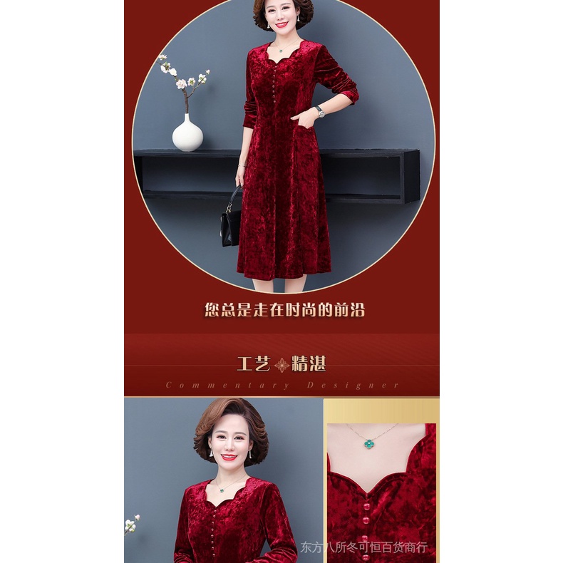 Đầm Nhung Vàng Phong Cách Thời Trang Xuân Thu Mới Cho Phụ Nữ Trung Niên