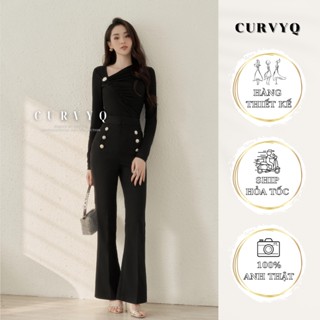  Form Ôm Quần Tây Ống Vẩy Cạp Cao Quần Ống Loe Khuy Kim Loại Vải Tuyết Mưa Thời Trang Thiết Kễ Nữ CurvyQ 