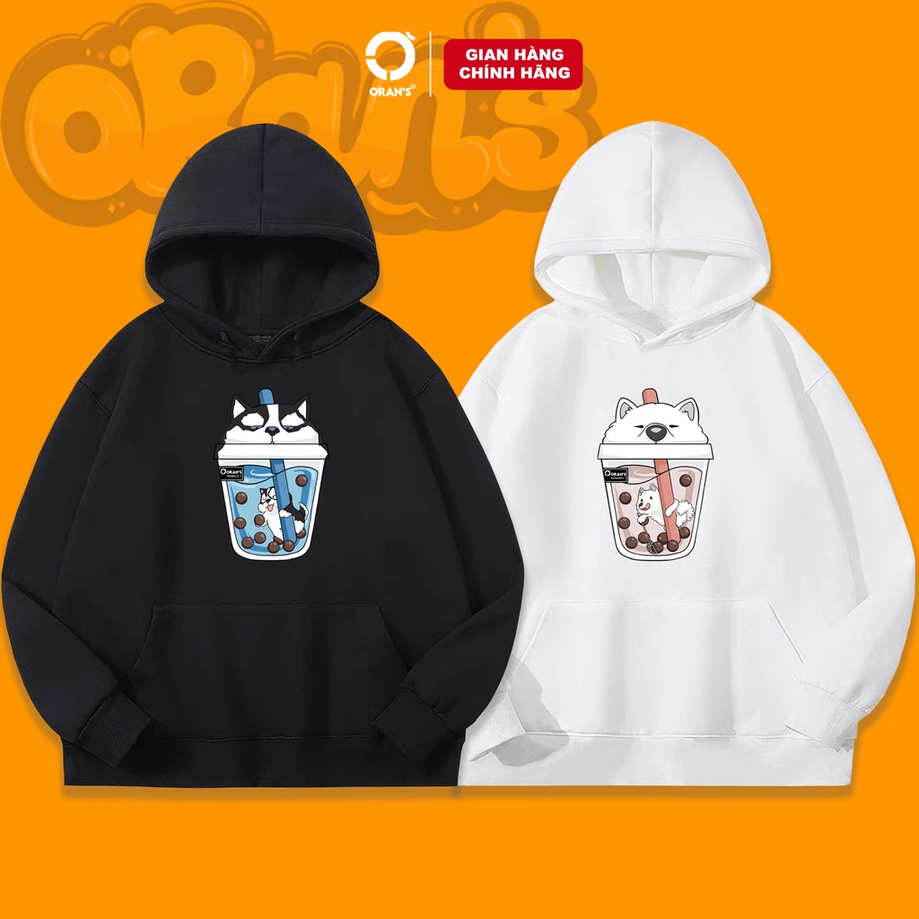 Áo Hoodie đôi in hình trà sữa 4 màu chất nỉ cotton lót bông cao cấp form rộng unisex - ORAN'S HOODIE COUPLE 08