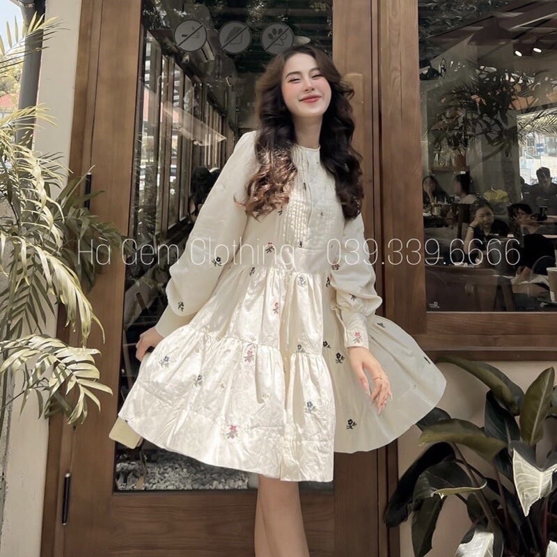 Váy babydoll linen tầng xoè in hoa nàng thơ - Đầm babydoll in hoa dáng xoè xếp li ngực Pea Store (Ảnh thật)