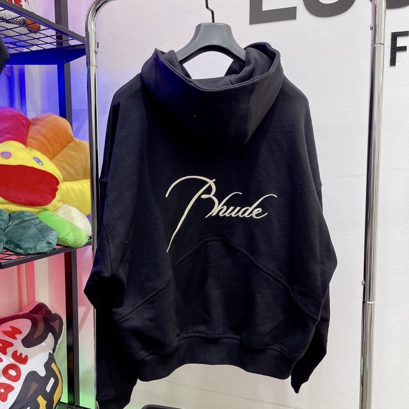 ⚡️ - Áo Khoác Rhude Black Full Zip Oversized Hoodie Logo Thêu, Áo khoác zip hoodie Rhude form rộng