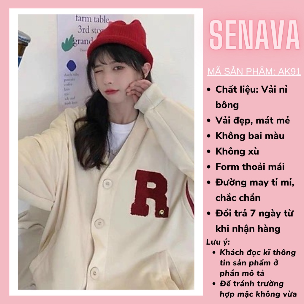 Áo khoác Cardigan nữ THÊU CHỮ R chất nỉ bông dày dặn phối viền sọc tay phong cách ulzzang SENAVA AK91