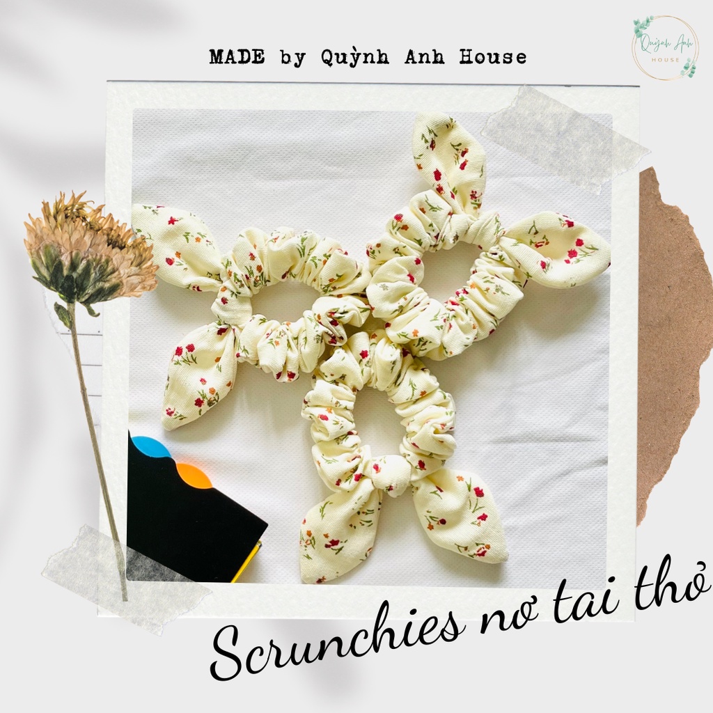 Dây buộc tóc Scrunchies handmade hoa nhí mini kèm nơ tai thỏ - QA1001