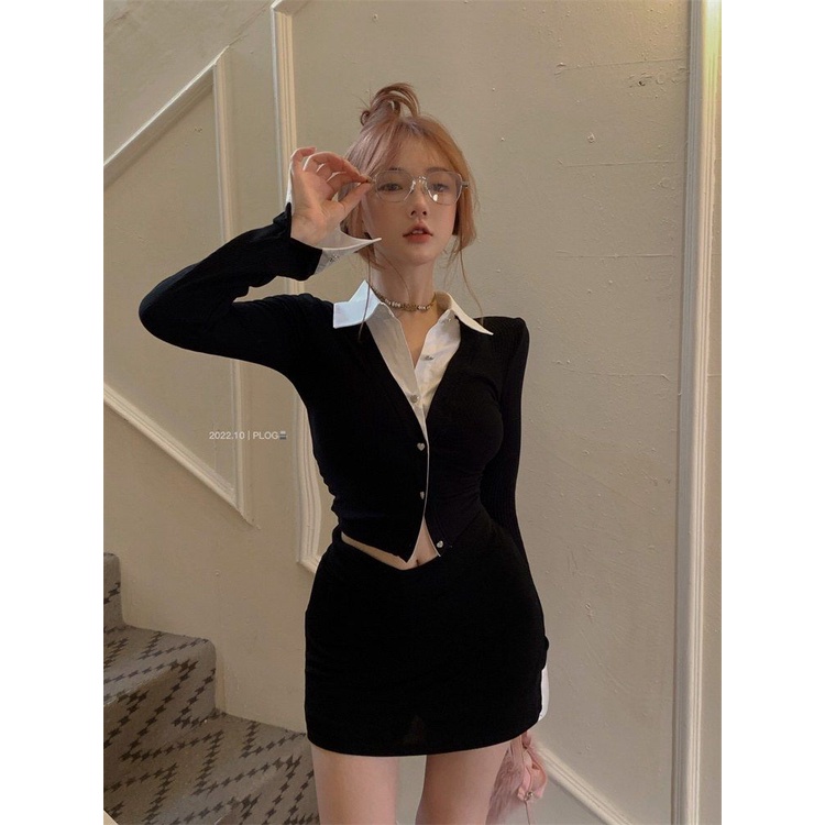 Áo Sơ Mi Dáng Ngắn Phối Hai Màu Đen Trắng Phong Cách Hàn Quốc Quyến Rũ