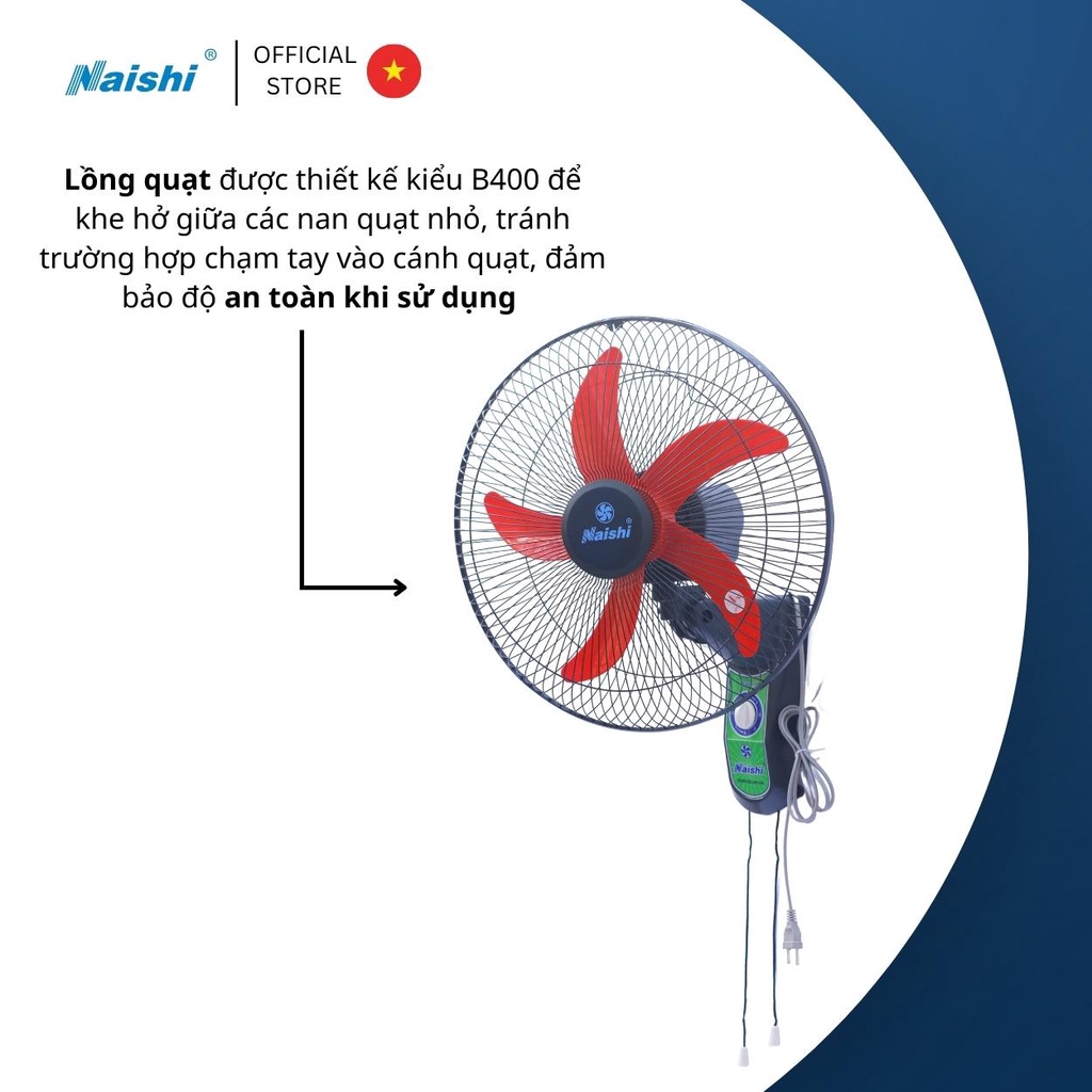 Quạt Treo Tường NAISHI B400 Túp Năng Chuyển Hướng Điện 2 Dây Rút - Công Suất 45W