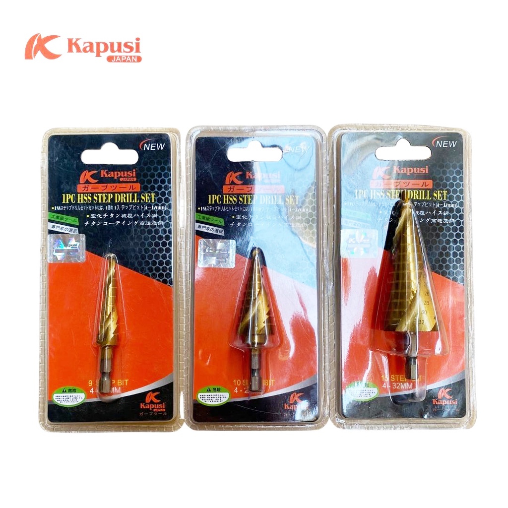 Mũi khoan tháp Kapusi chia từng cỡ mỗi tầng từ 4-32mm chất liệu thép HSS được phủ titan siêu cứng khoét lỗ mượt