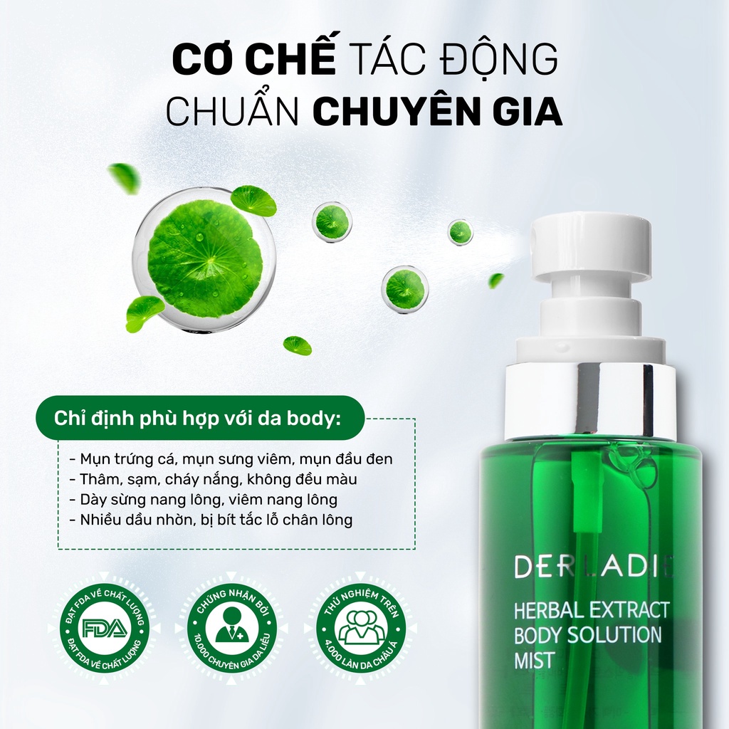 Xịt mụn lưng Derladie 4in1 Loại Bỏ Mụn, Mờ Thâm, Giảm Viêm Nang Lông Derladie Herbal Extract Body Solution Mist 150Ml