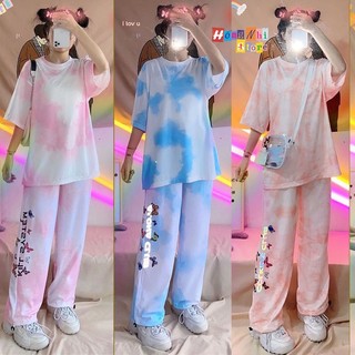 Set Bộ Áo Thun Tie Tee Tay Lỡ Dáng Rộng Phối Quần Jogger Phản Quang Thun Dài Dây Rút Lai Unisex - MM