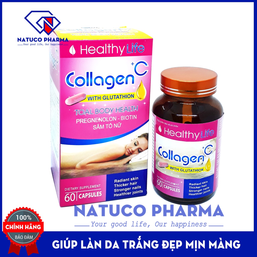 Viên uống đẹp da Collagen + C with Glutathion - Giảm nám sạm da, làm đẹp da, tăng nội tiết tố nữ hiệu quả - Hộp 60 viên