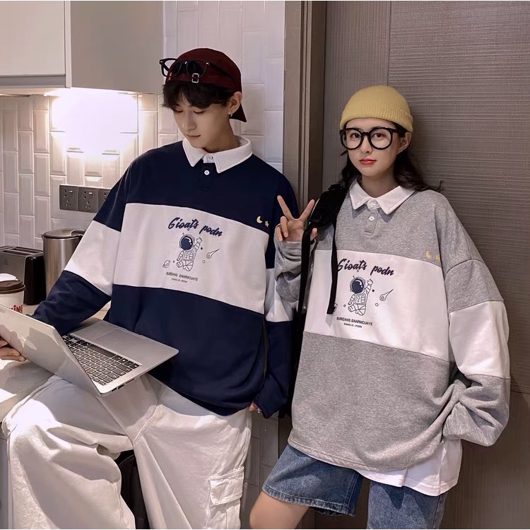 Áo sweater polo unisex - rew2021 - Áo đôi in hình Nasa tay dài form rộng chất vải cotton 2 màu xanh, ghi năng động
