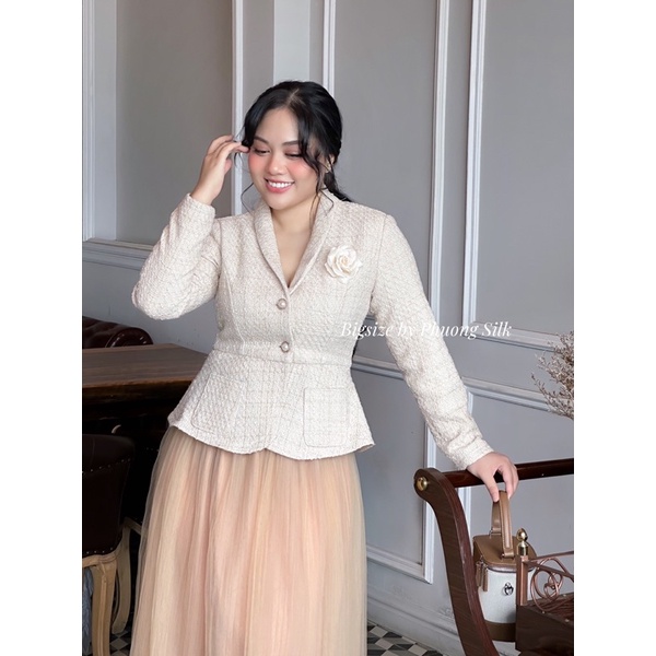 Set áo cổ vest dạ tweed phối chân váy lưới Bigsize