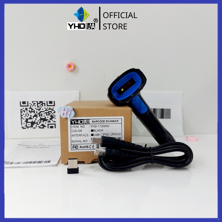 Máy quét mã vạch không dây YHD 1100DW 2D, Đầu đọc Qrcode kết nối USB dùng trên Laptop, PC