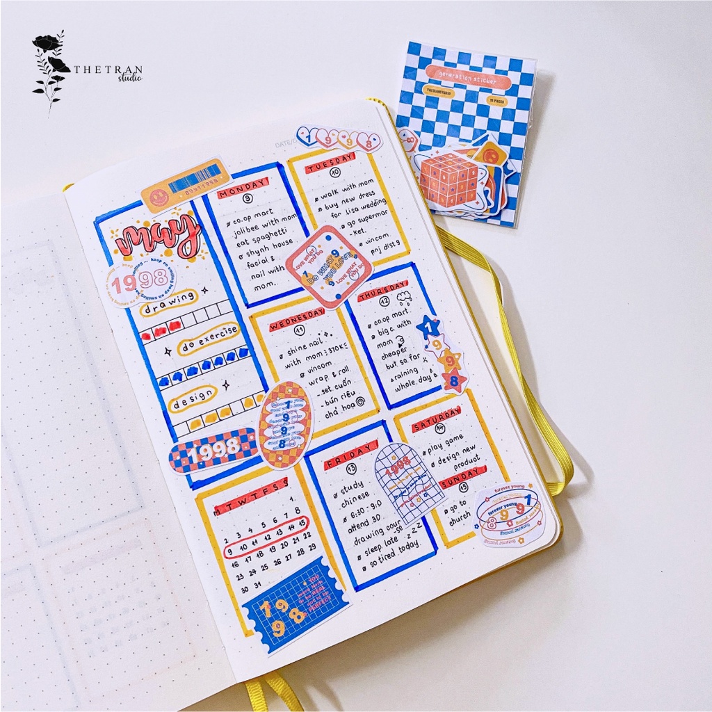 Bộ 15 sticker cute họa tiết bàn cờ caro ô vuông năm sinh / generation sticker pack / thetranstudio