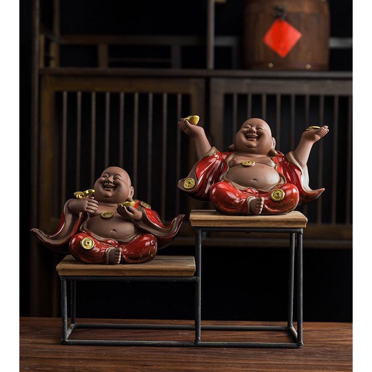 Tượng Di Lặc hoan hỉ tài lộc cỡ nhỏ cao cấp sắc nét men hỏa biến- Tượng Di Lặc gốm tử sa trang trí bàn trà, quà tặng