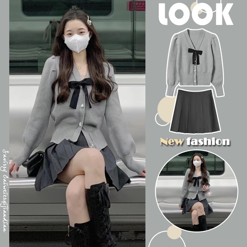 (ORDER) Áo len cardigan cổ V đính nơ, thon eo màu xám điệu đà tiểu thư+ Chân váy xếp ly