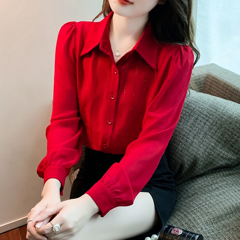 Áo Sơ Mi chiffon Tay Dài Cổ Tròn Màu Trơn Thời Trang Hàn Quốc Dành Cho Nữ