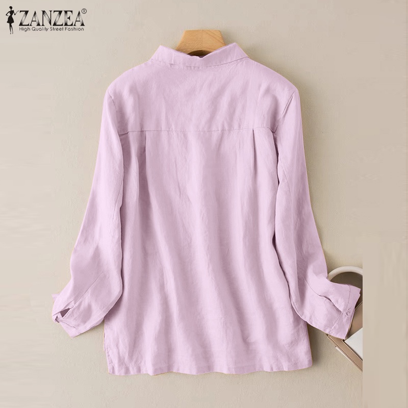 Áo sơ mi ZANZEA tay dài cổ bẻ cài khuy phối túi trước thời trang cho nữ
