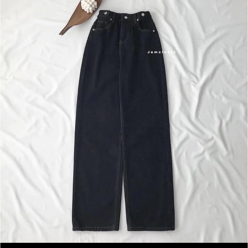 Set baggy jeans ống suông đai nút + set 2 món áo gân tay dài