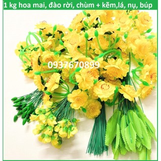 Sale sỉ-1 kg hoa mai giả, hoa đào giả bằng vải trang trí cây Mai, đào loại rời, chùm, kèm kẽm, lá, búp, nụ