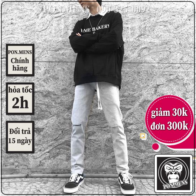 Quần jean nam màu ghi bạc rách gối co giãn 4 chiều dáng slimfit VNXK Pon.mens