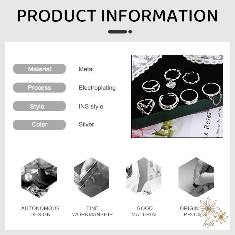 Bộ 7 Nhẫn Hình Học / Trái Tim Đính Đá Phong Cách Punk Hiphop Thời Trang Có Thể Điều Chỉnh