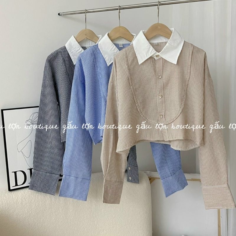 áo sơ mi crop top kẻ caro hàn quốc