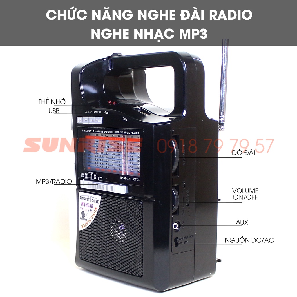 Radio nghe đài FM MH-40 tích hợp đèn LED, Loa đài FM nghe nhạc MP3, Thẻ nhớ, USB - SUNRISE