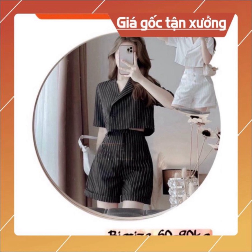 🔥BIGSIZE 50-90KG🔥 Set áo vest croptop quần short/đùi 🍀vải kate sọc🍀 đen cổ V tay ngắn đùi cổ V cao cấp đi biển dự ti