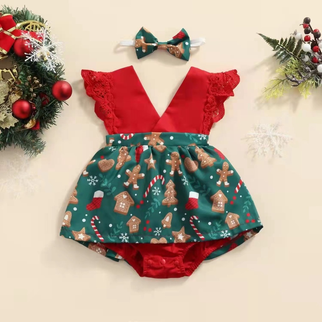 BCBL Đầm liền quần tay ngắn phối ren có băng đô phong cách Giáng Sinh xinh xắn dành cho bé gái
