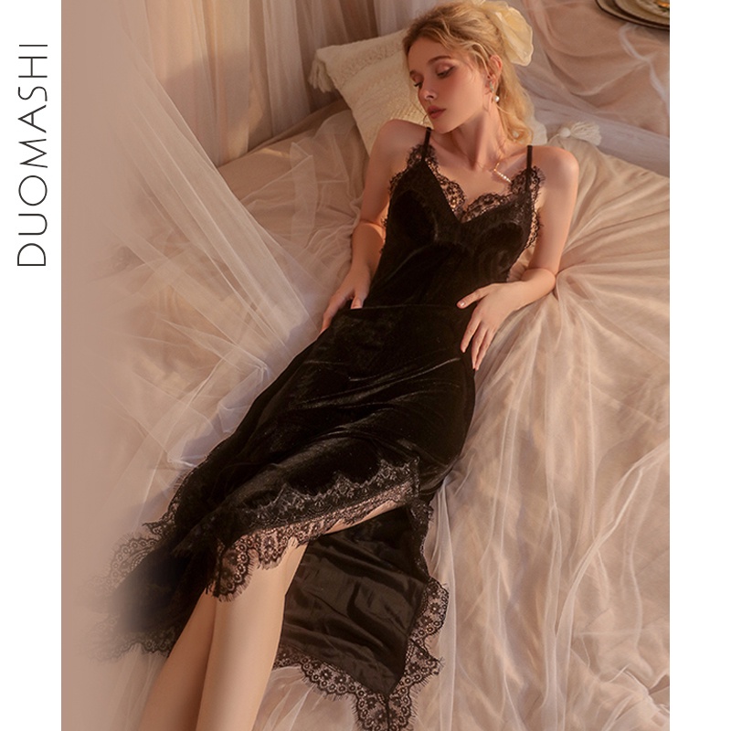 Bộ pyjama sexy mùa thu và mùa đông vui nhung dây nịt pyjama ngủ ngủ dài dài dài mở trên cả hai bên áo choàng ngủ trang phục