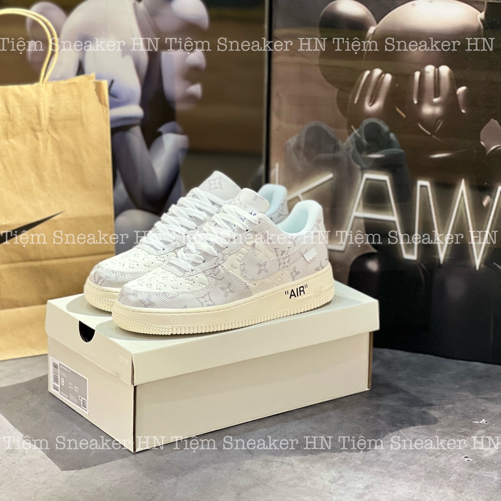 Giày Nikeee AF1 Low Louis Vuitton White Grey Trắng Xám Trainer Họa Tiết Xám