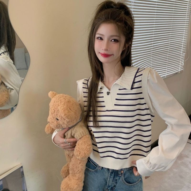 IELGY IELGY Áo Sơ Mi Tay Dài Cổ polo Mỏng Ghép Vải Họa Tiết Kẻ Sọc Cho Nữ