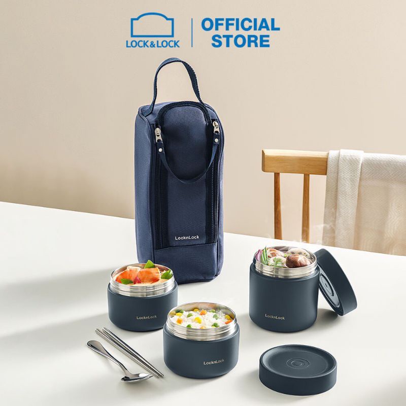 Bộ Hộp Cơm Giữ Nhiệt Lock&Lock Pump Vacuum Lunch Box LHC8052S01 (3 hộp rời đuề giữ nhiệt)