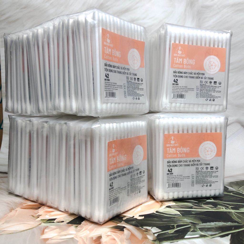 Tăm bông lấy ráy tai người lớn vệ sinh ngoáy tai Bông Bạch Tuyết bịch 42 que 2 đầu trang điểm mềm mịn tiện dụng an toàn