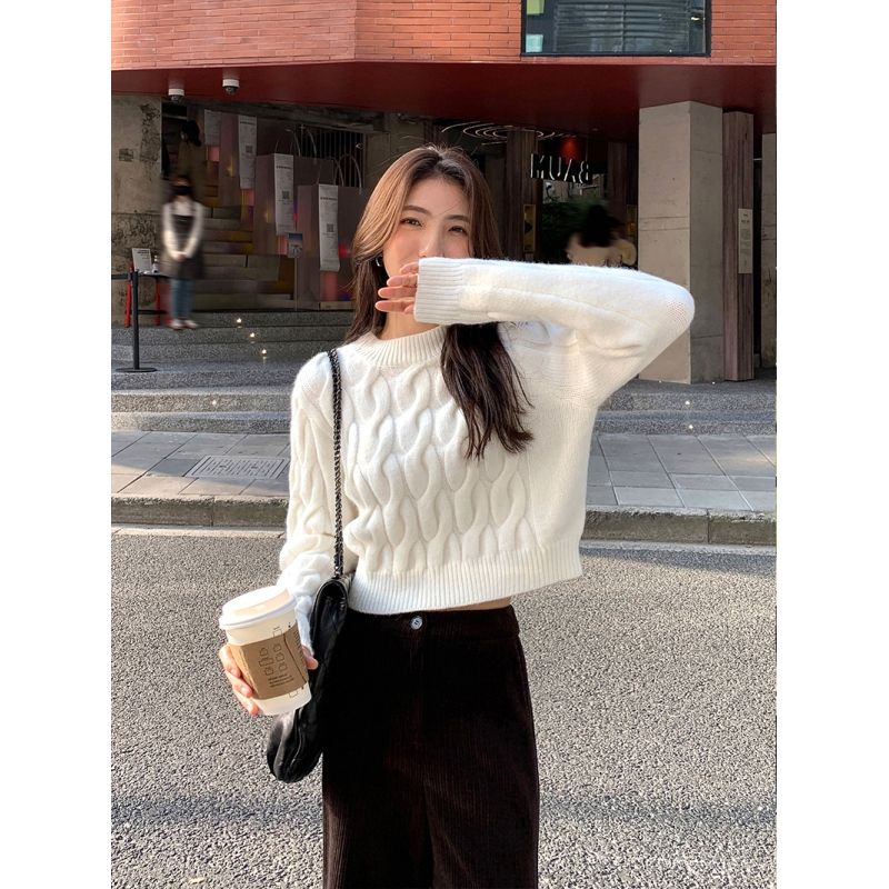 ~ ~ Áo Sweater Dáng Ngắn Màu Xanh Dương Thiết Kế Xoắn Eo Cao Thời Trang Thu Đông Cho Nữ